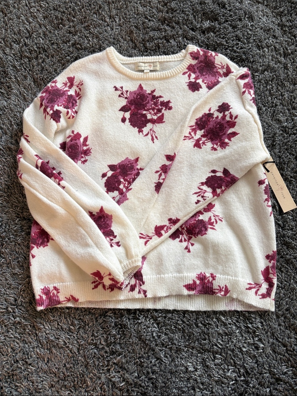 Floral Crewneck Sweater in White with Berry Rose Print